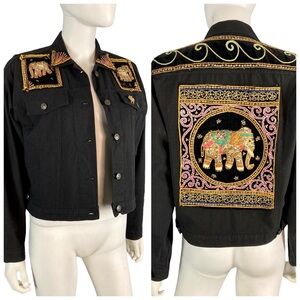 Vintage 90s black denim elephant embroidered sequin beaded jacket